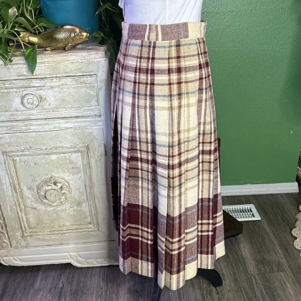 Vtg Wool Blend Pleated Midi Cream Plaid Skirt Union Made 11/12 Academia